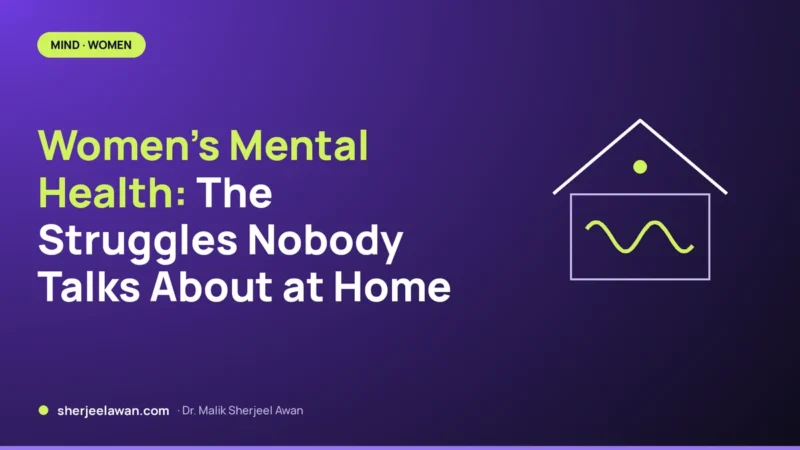 House outline holding a lime wave line on a deep purple card: women’s mental health struggles at home