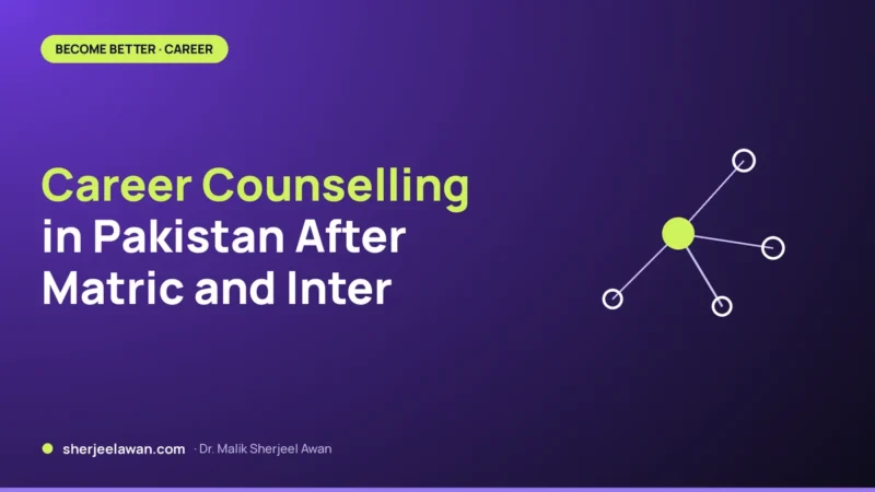 Branching path icon with a lime centre node on a deep purple card: career counselling in Pakistan after Matric and Inter