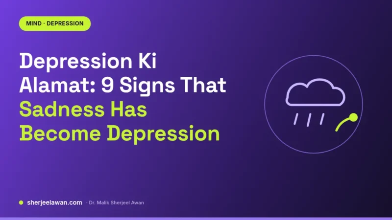 Violet cover with a lime "Mind · Depression" tag and the title "Depression Ki Alamat: 9 Signs That Sadness Has Become Depression", beside a simple rain-cloud icon
