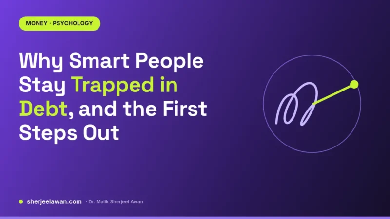 Purple and lime card titled Why Smart People Stay Trapped in Debt, with a tangled line breaking free into a straight lime line