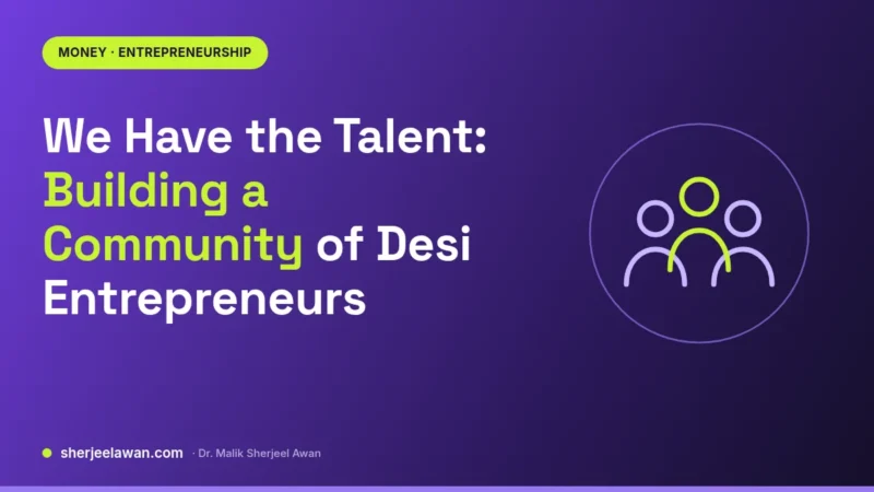 Violet cover with a lime "Money · Entrepreneurship" tag and the title "We Have the Talent: Building a Community of Desi Entrepreneurs", beside a simple icon of three people