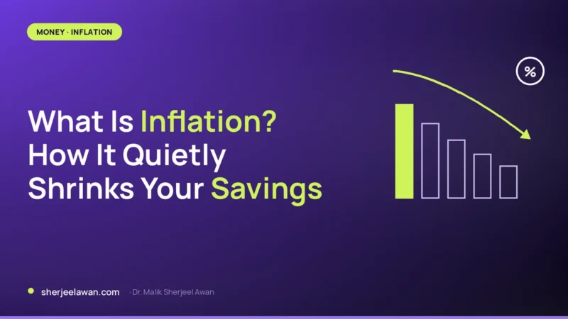 Shrinking bars under a falling lime arrow on a deep purple card: what is inflation and how it shrinks your savings