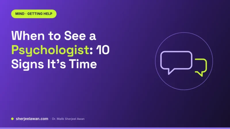 Violet cover with a lime "Mind · Getting Help" tag and the title "When to See a Psychologist: 10 Signs It's Time", beside a simple two-speech-bubble icon
