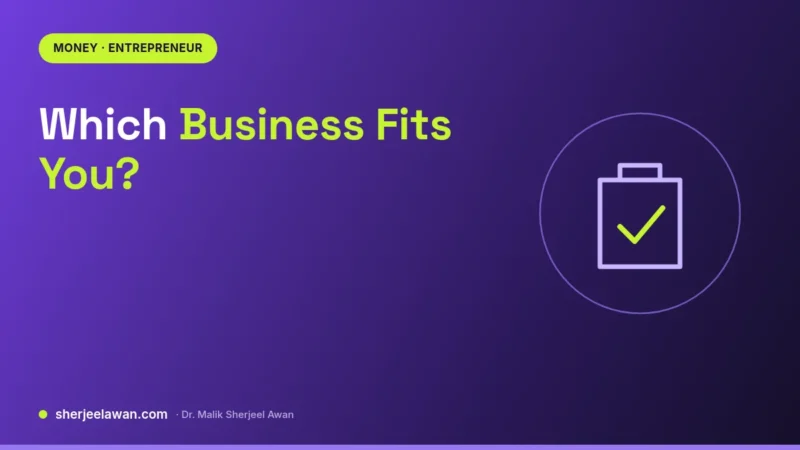Violet cover with a lime "Money · Entrepreneur" tag and the title "Which Business Fits You?", beside a simple briefcase icon with a lime tick