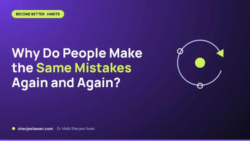 Circular loop arrow around a lime centre on a deep purple card: why people repeat the same mistakes